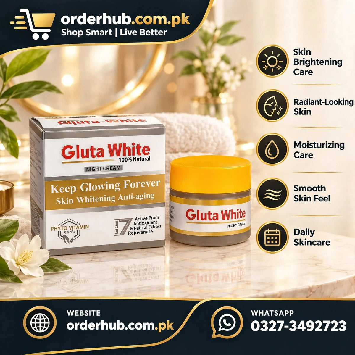 Gluta White Night Cream – Brightening, Nourishing & Hydrating Skin Care Cream