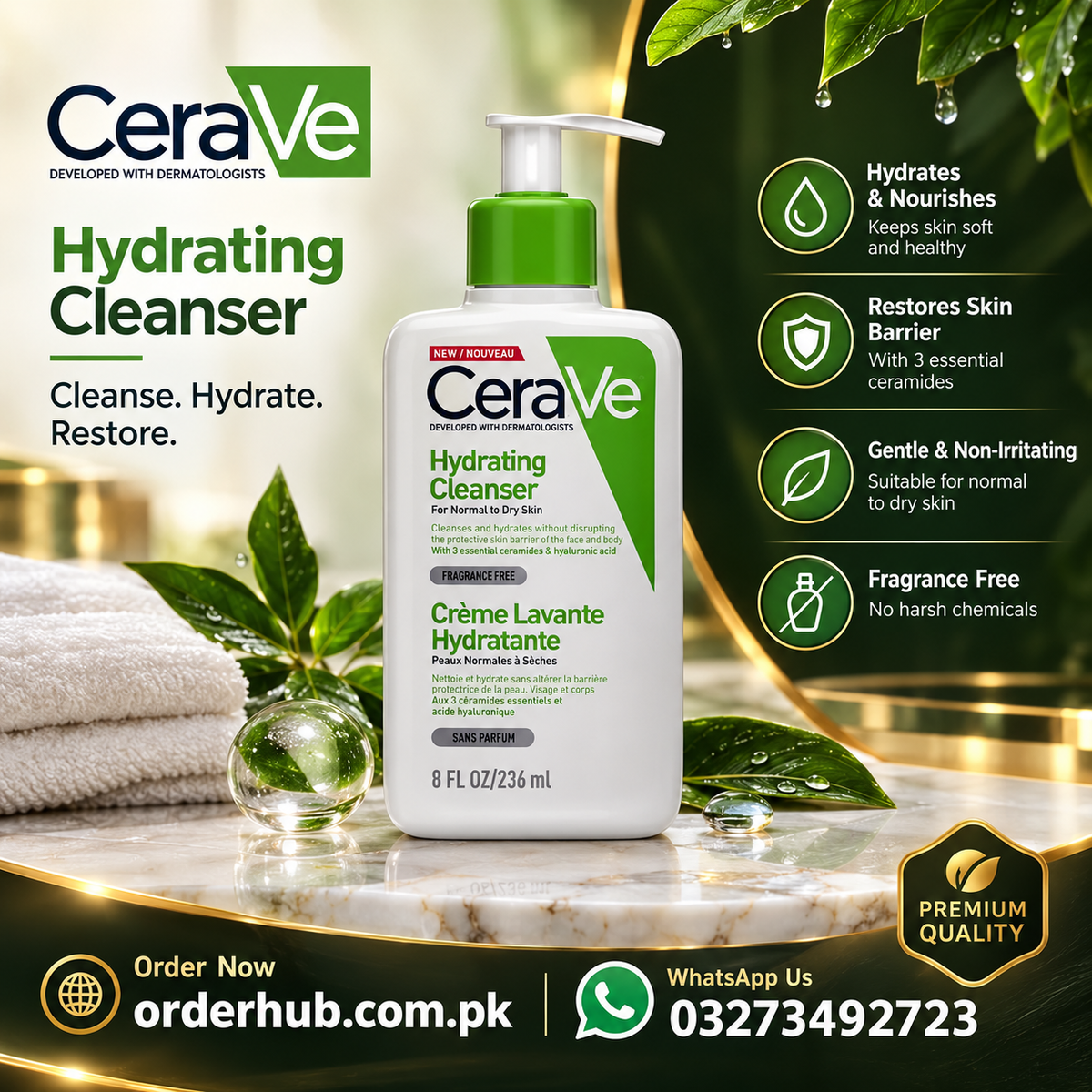 CeraVe Hydrating Facial Cleanser for Normal to Dry Skin – 236 mL (8 fl oz), with Ceramides & Hyaluronic Acid, Fragrance-Free