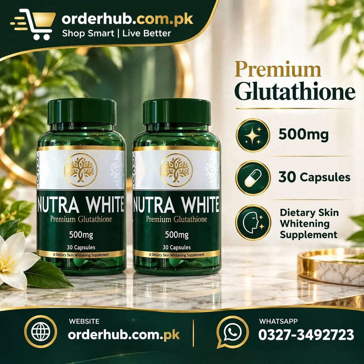 Gluta White Premium Glutathione 500mg Capsules – Skin Brightening & Antioxidant Support