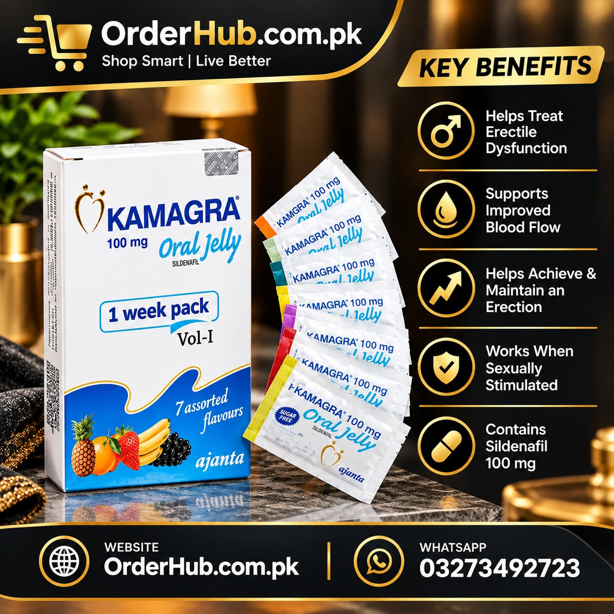 Kamagra Oral Jelly 100mg – Sildenafil Citrate 100mg Erectile Dysfunction Oral Jelly (1-Week Pack)