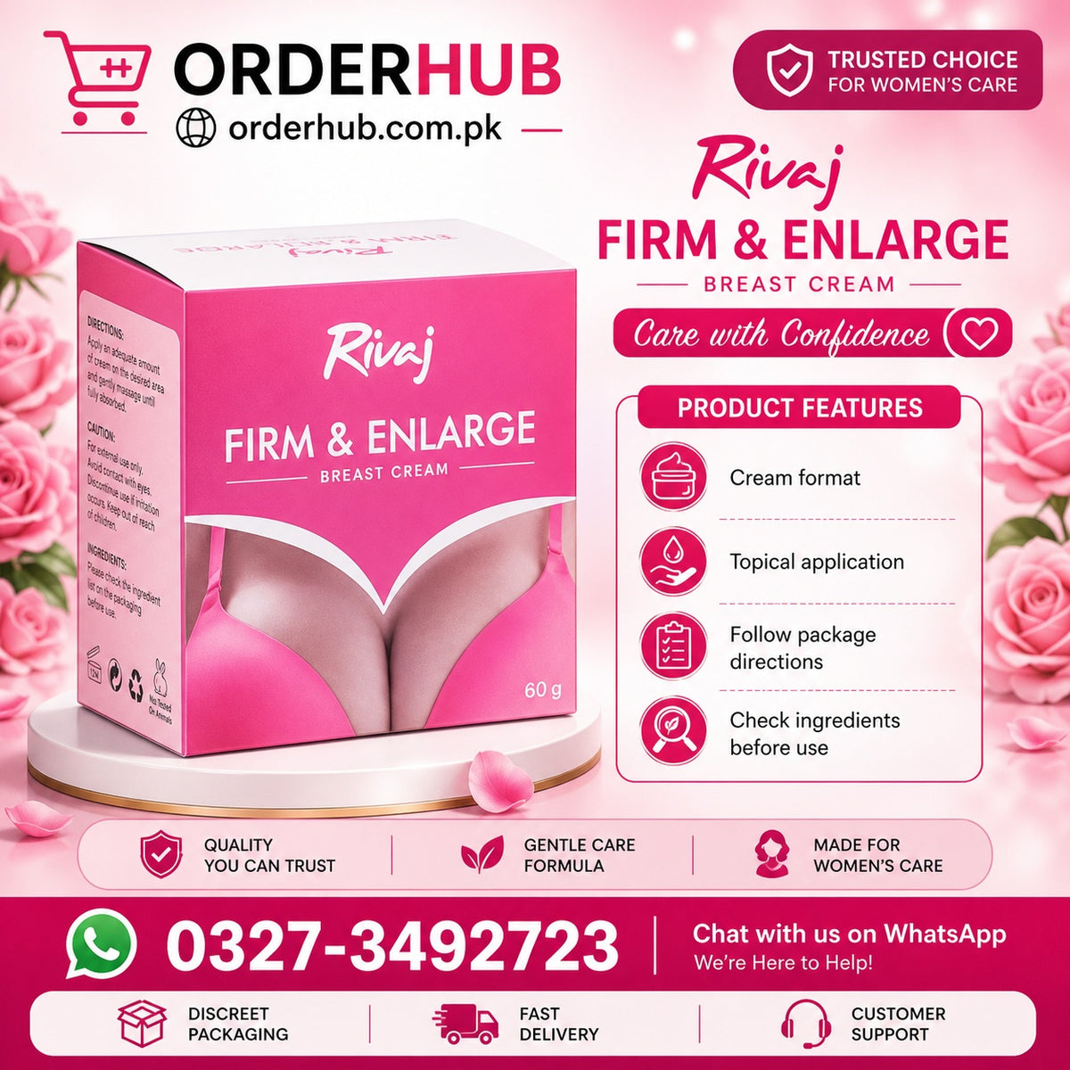 Rivaj Firm & Enlarge Breast Cream – Breast Skin Firming and Moisturizing Cream for a Smooth, Supple Appearance